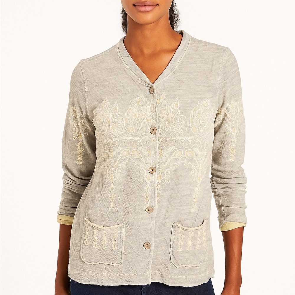 Free People Cotton Blend Fair Isle Button Cardigan Sweater Gray Yellow Small